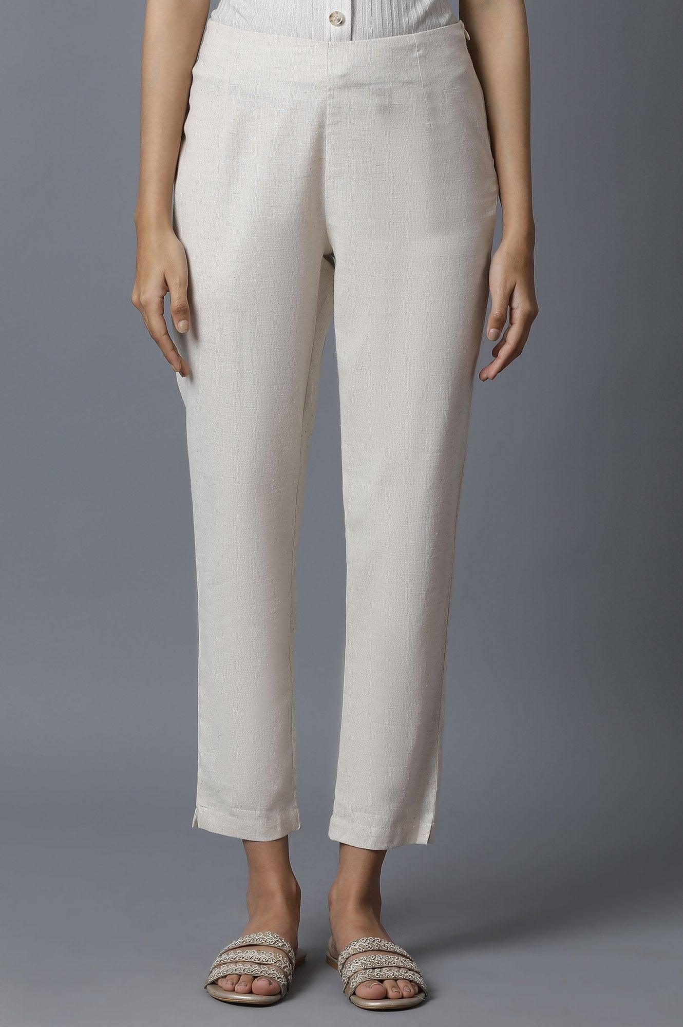 Beige Cotton Flax Slim Pants - wforwoman