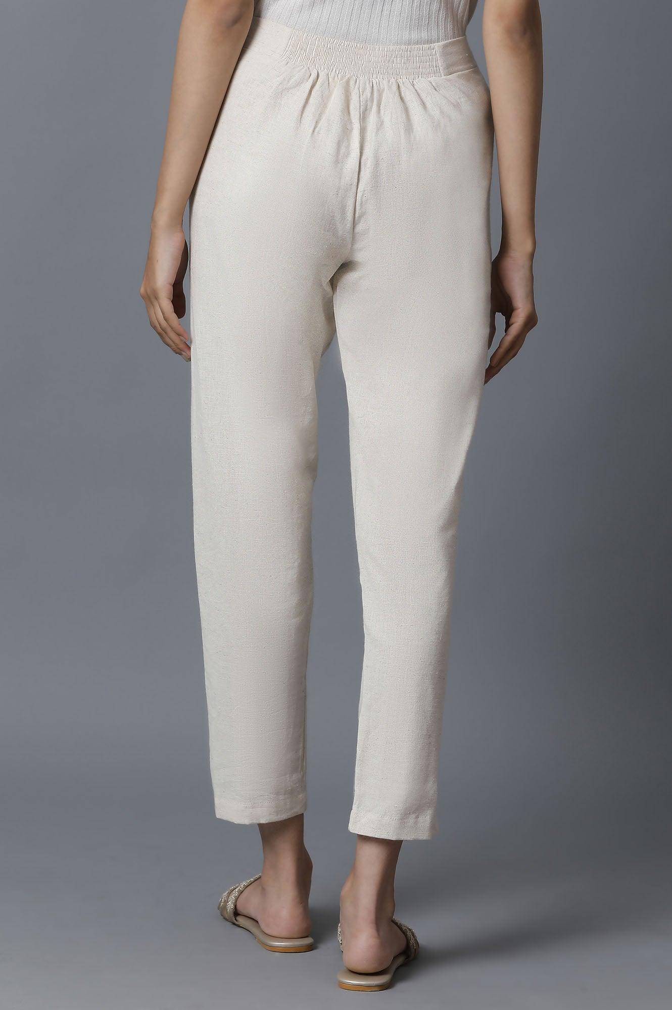 Beige Cotton Flax Slim Pants - wforwoman