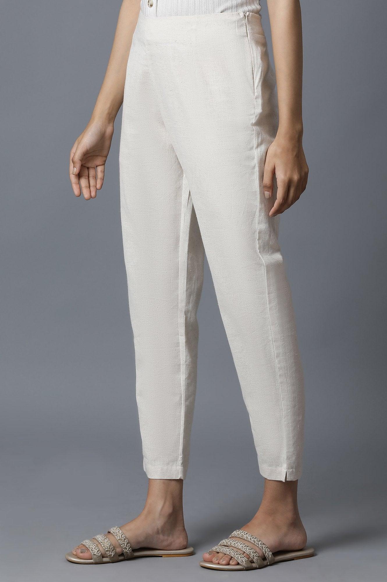 Beige Cotton Flax Slim Pants - wforwoman