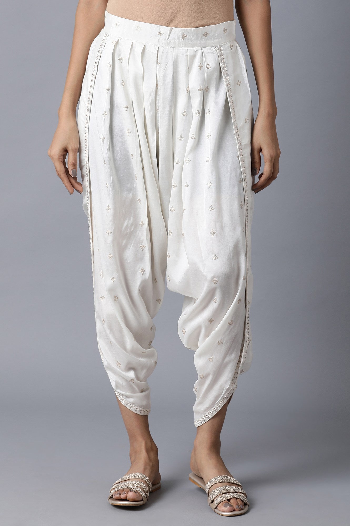 Ecru Printed Shantung Draped Pants