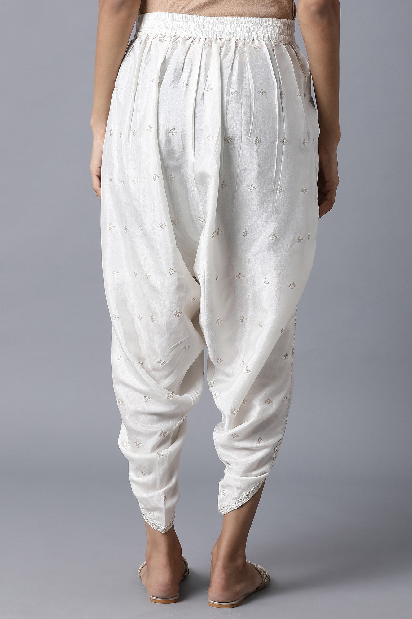 Ecru Printed Shantung Draped Pants