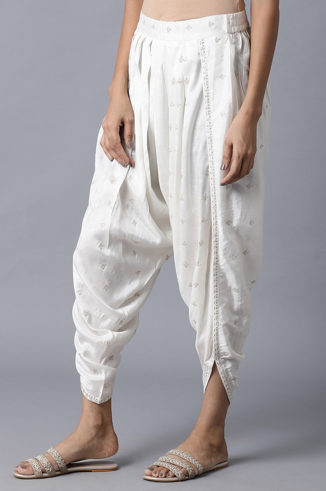 Ecru Printed Shantung Draped Pants