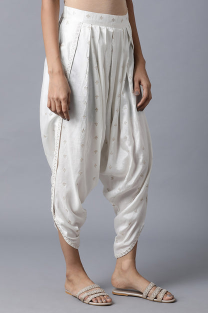 Ecru Printed Shantung Draped Pants