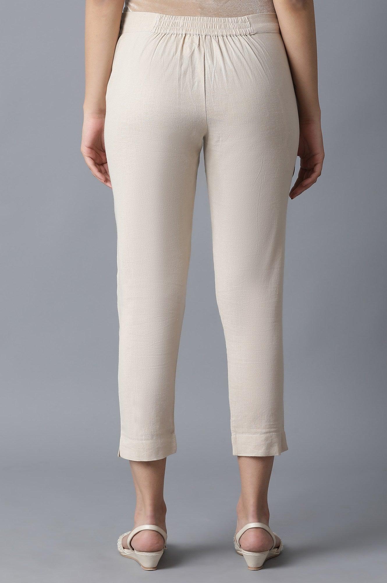 Beige Cotton Slim Pants - wforwoman