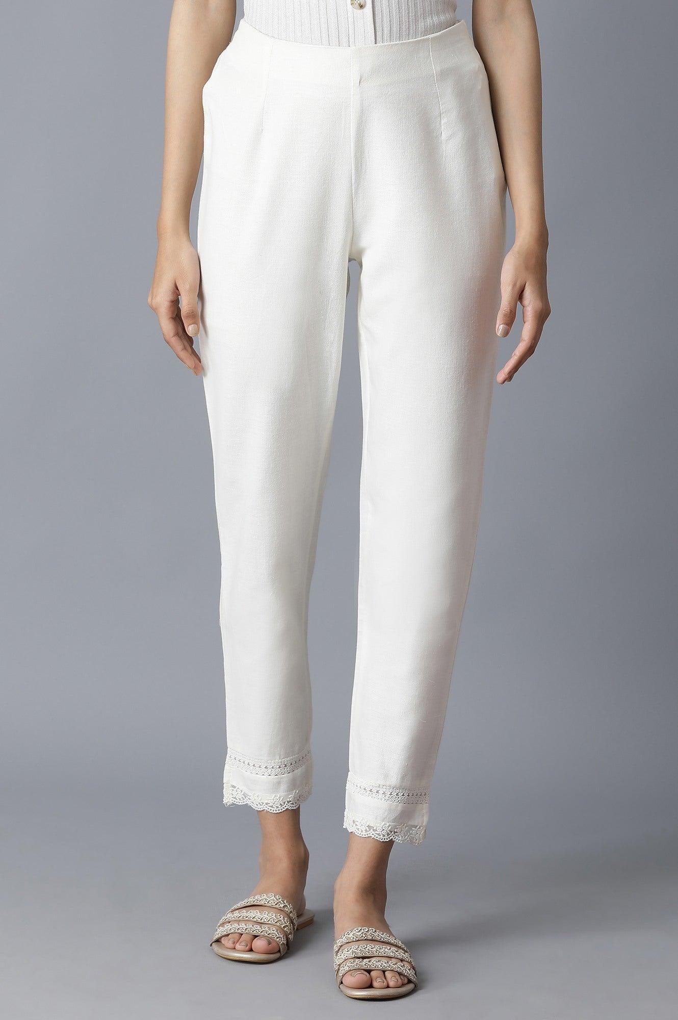 Ecru Slim Pants with Lace Details - wforwoman