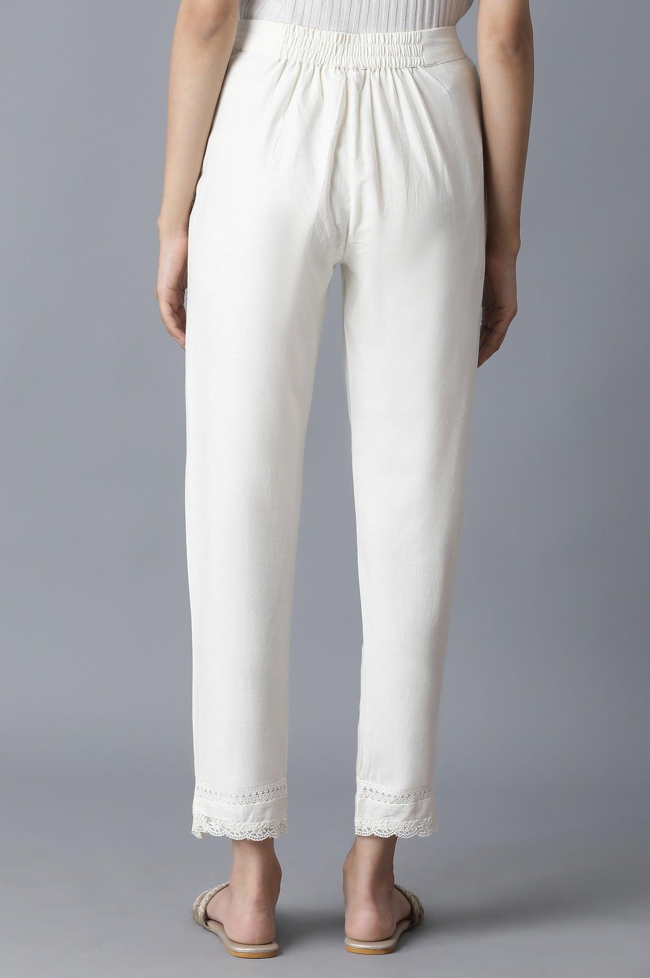 Ecru Slim Pants with Lace Details - wforwoman