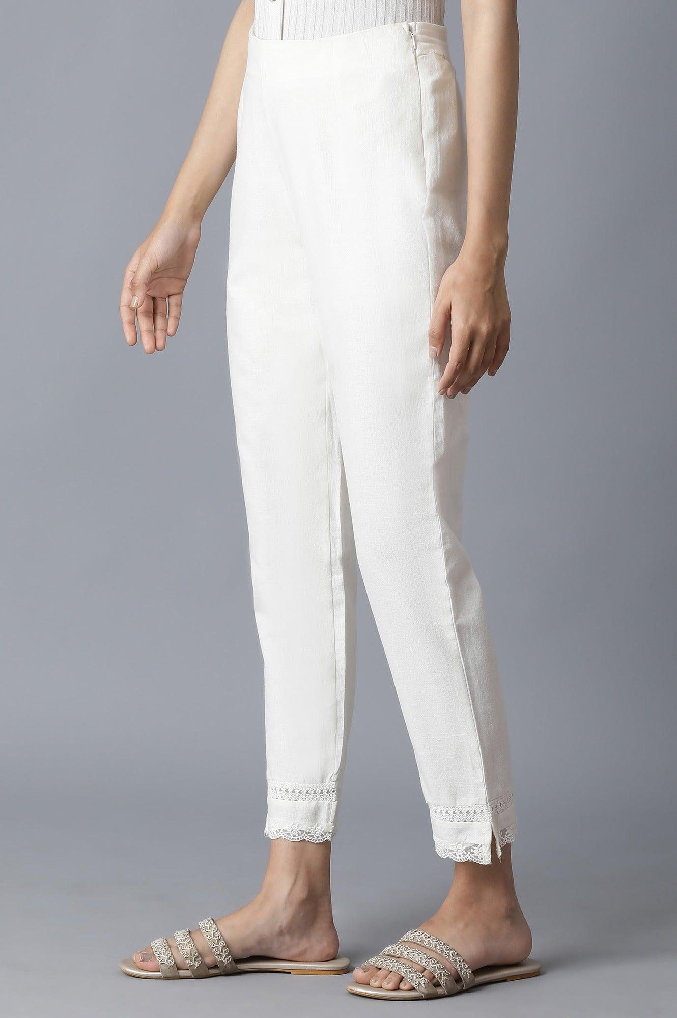 Ecru Slim Pants with Lace Details - wforwoman