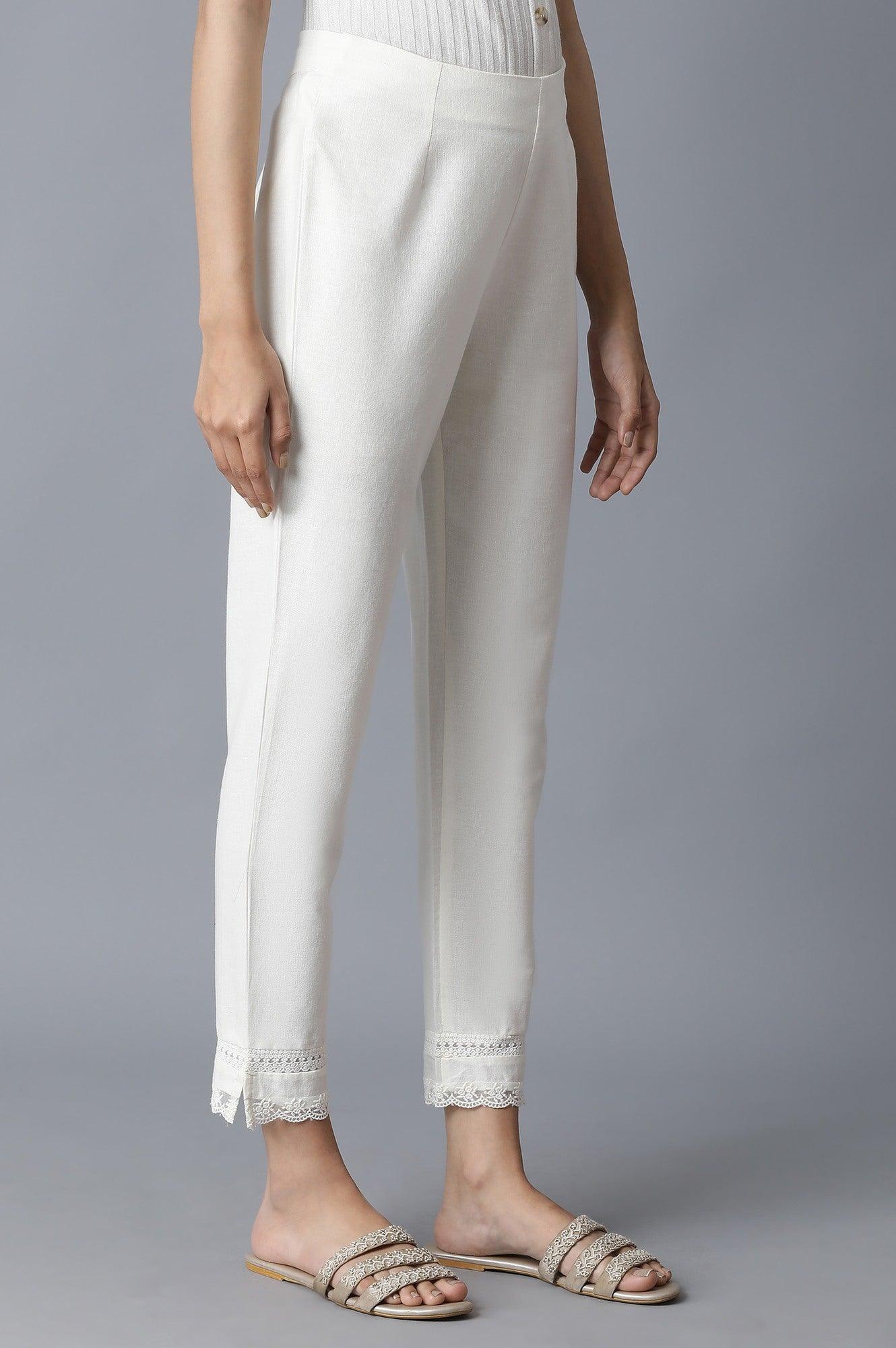 Ecru Slim Pants with Lace Details - wforwoman