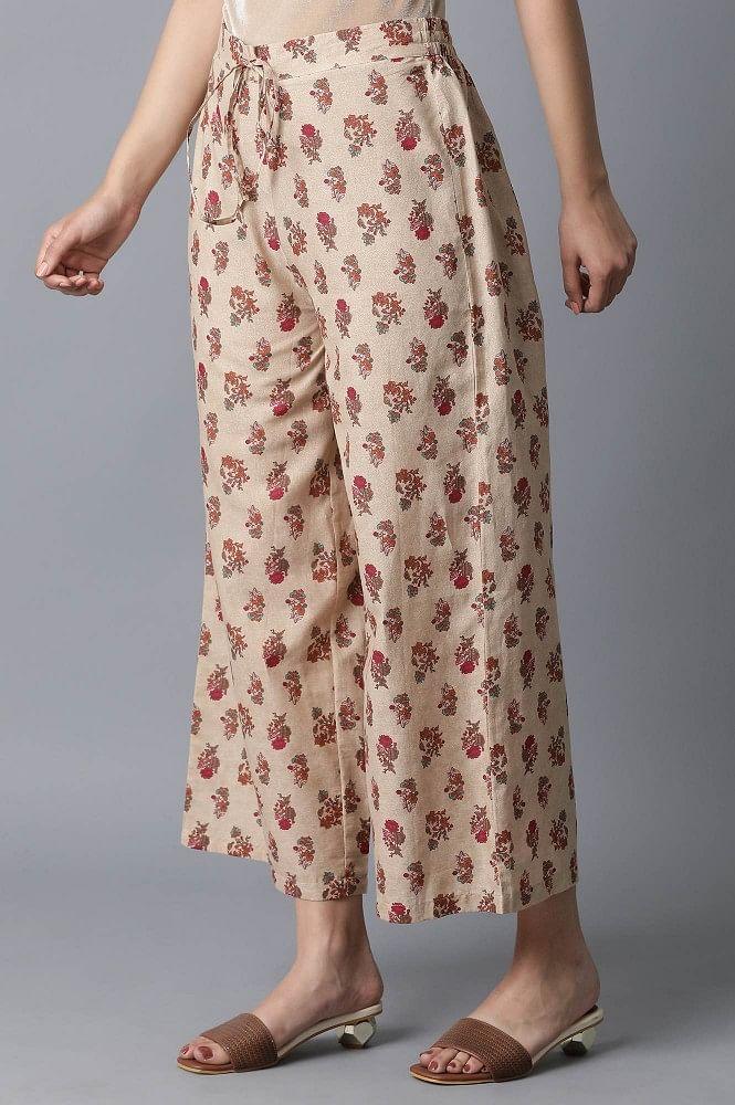 Beige All-Over Printed Parallel Pants - wforwoman
