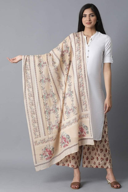 Beige Floral Print Voile Drape