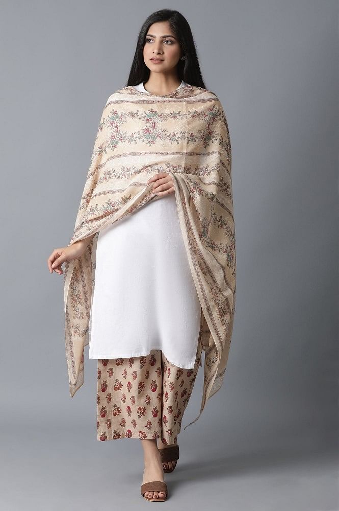 Beige Floral Print Voile Drape