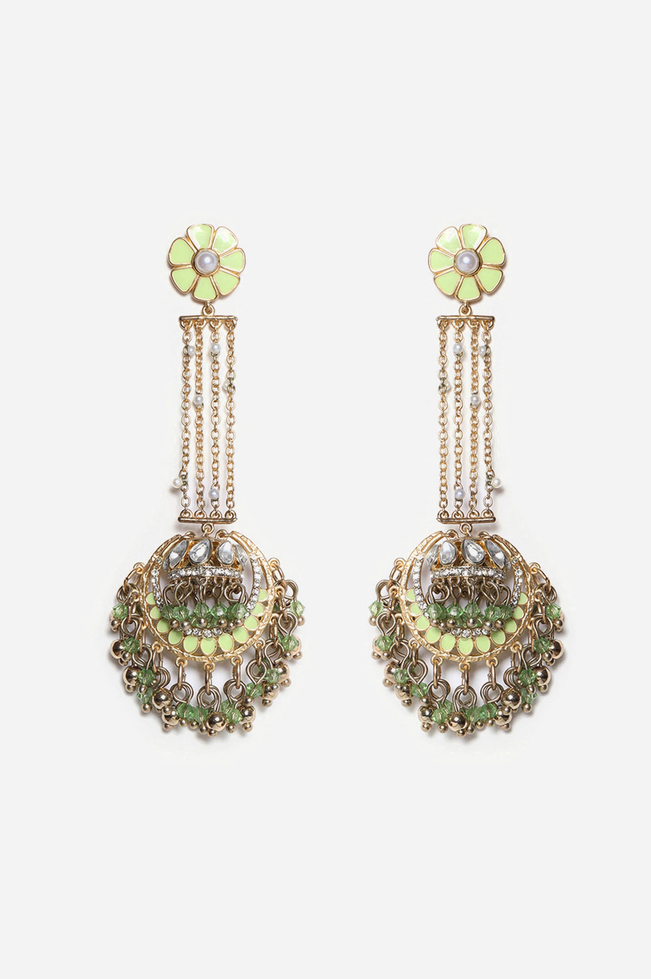 Green Enamel Jhumki with Puhayi and Crystal work