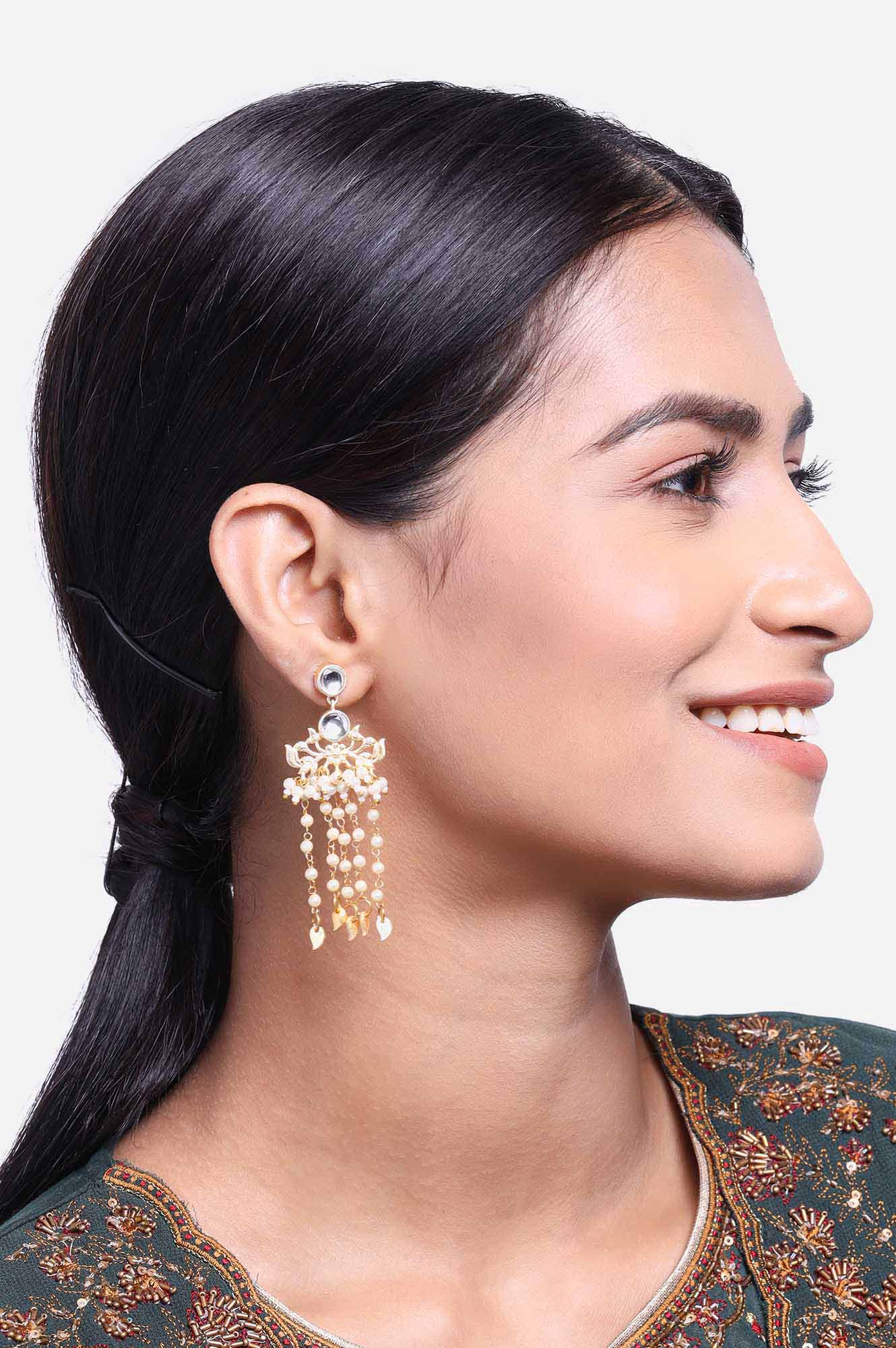 White Polki Stone and Pearl Earrings