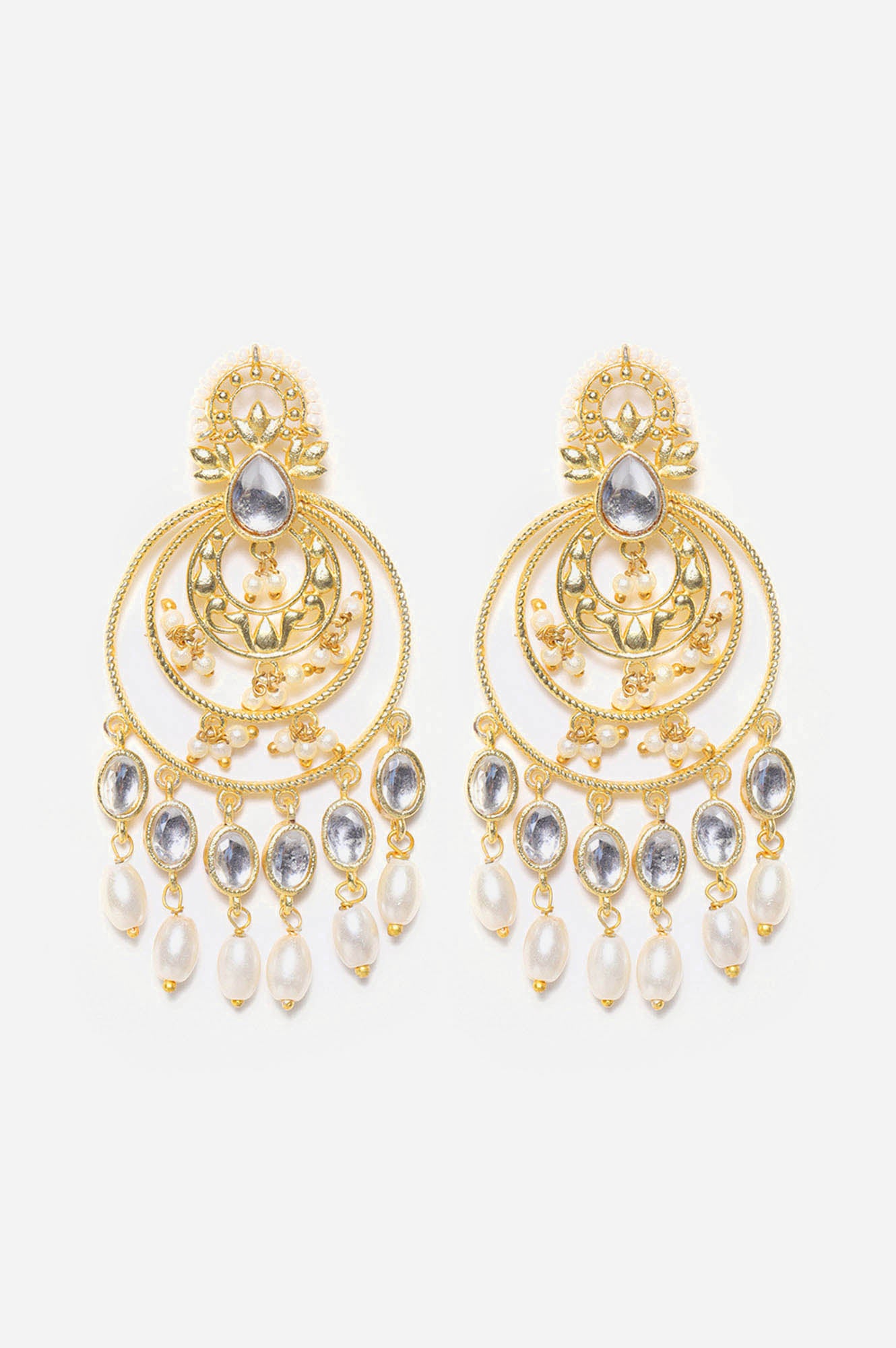 White and Gold Polki Colour Filigree Chandbali Earrings