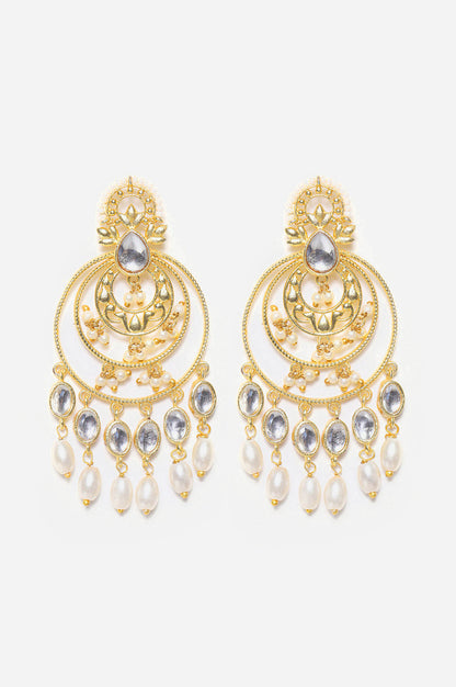 White and Gold Polki Colour Filigree Chandbali Earrings