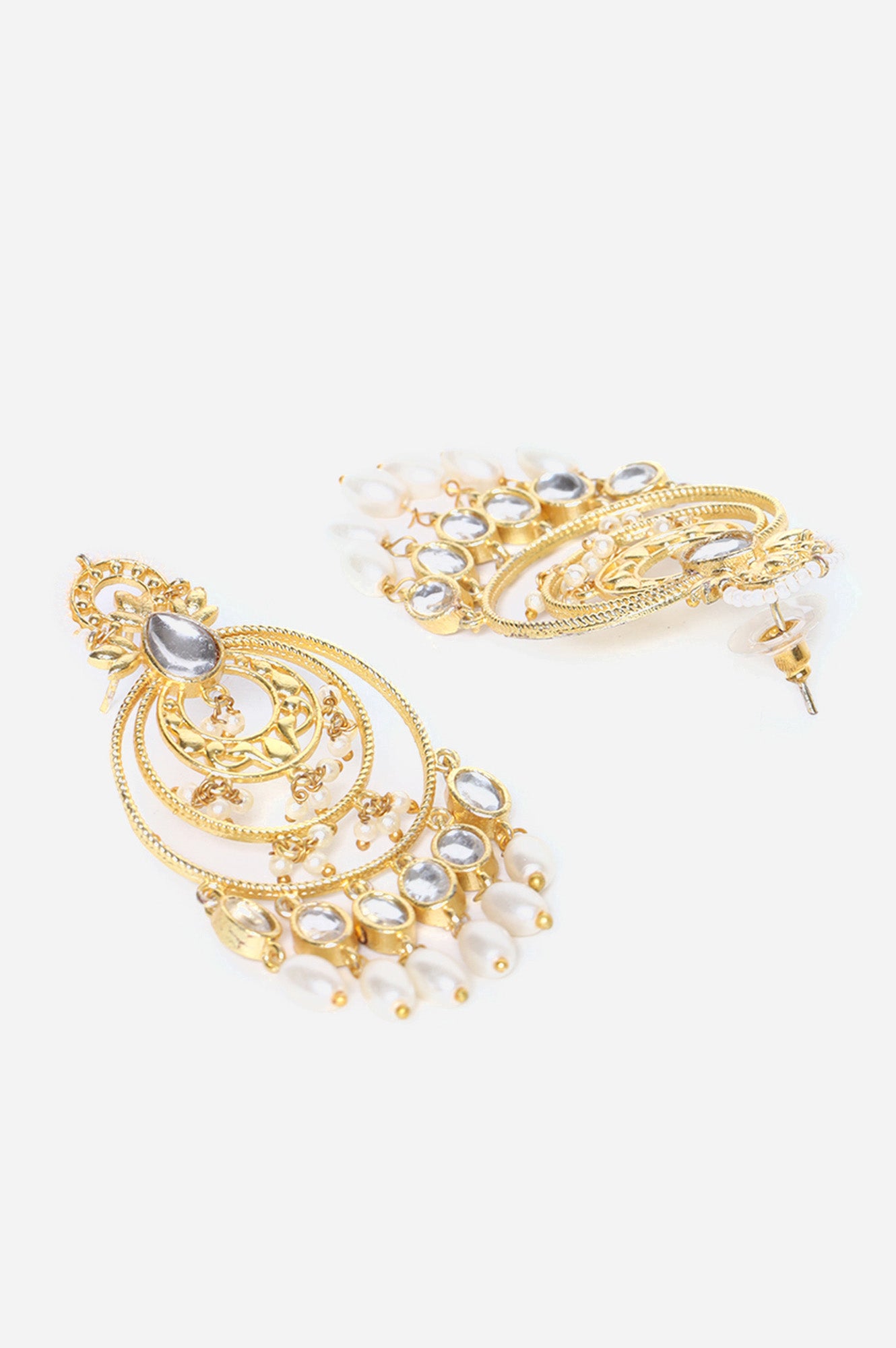 White and Gold Polki Colour Filigree Chandbali Earrings