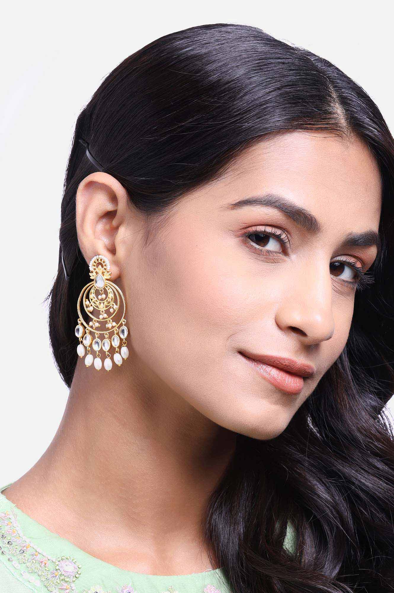 White and Gold Polki Colour Filigree Chandbali Earrings