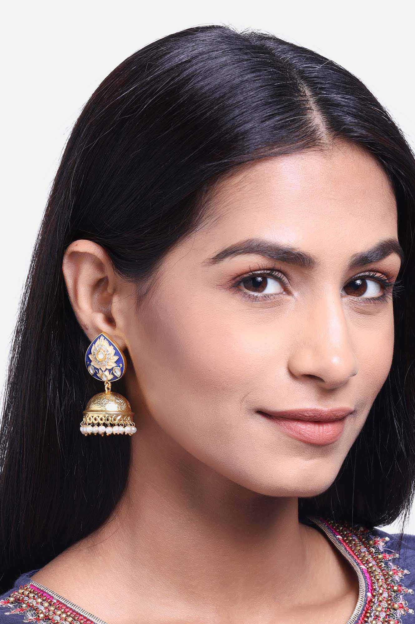 Blue Enamelled Meena work Kundan Jhumki Earrings