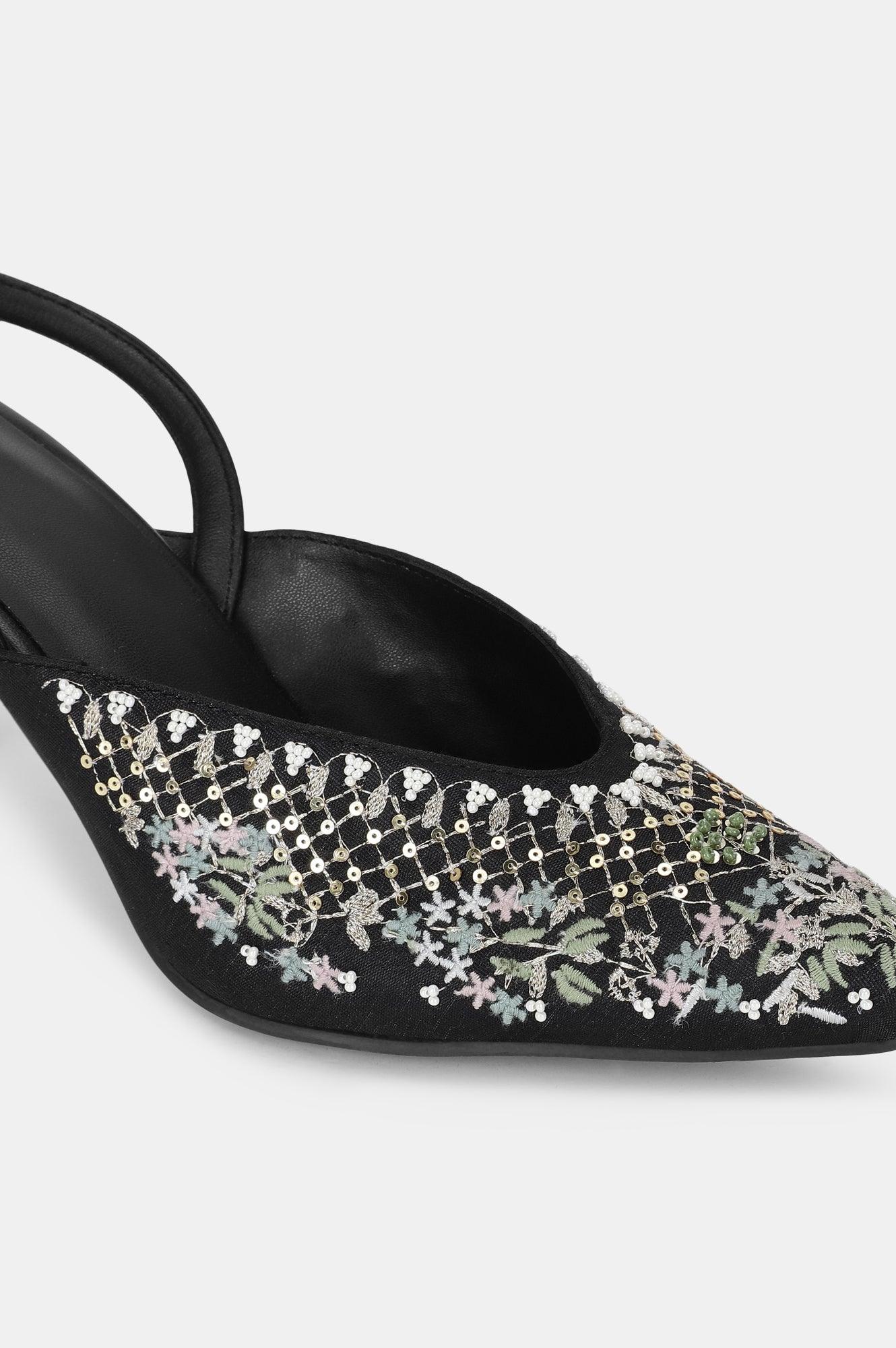 Black Pointed Toe Embroidered Stiletto-WMARIA - wforwoman