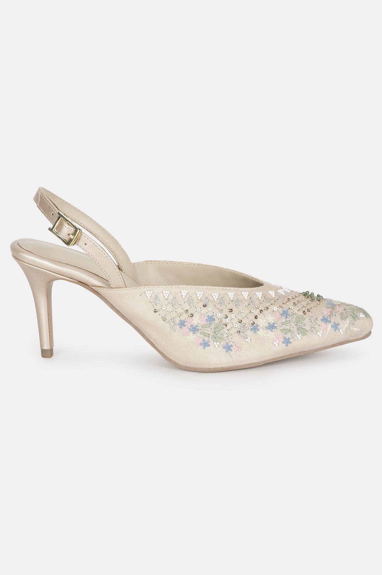 W Embroidered Beige Pointed Toe Stiletto - wforwoman