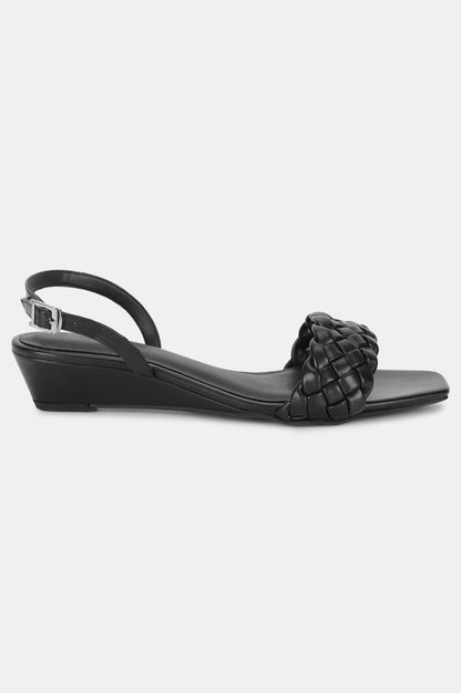 Black Square Toe Woven Design Wedge-WChelsea