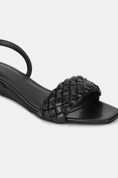 Black Square Toe Woven Design Wedge-WChelsea