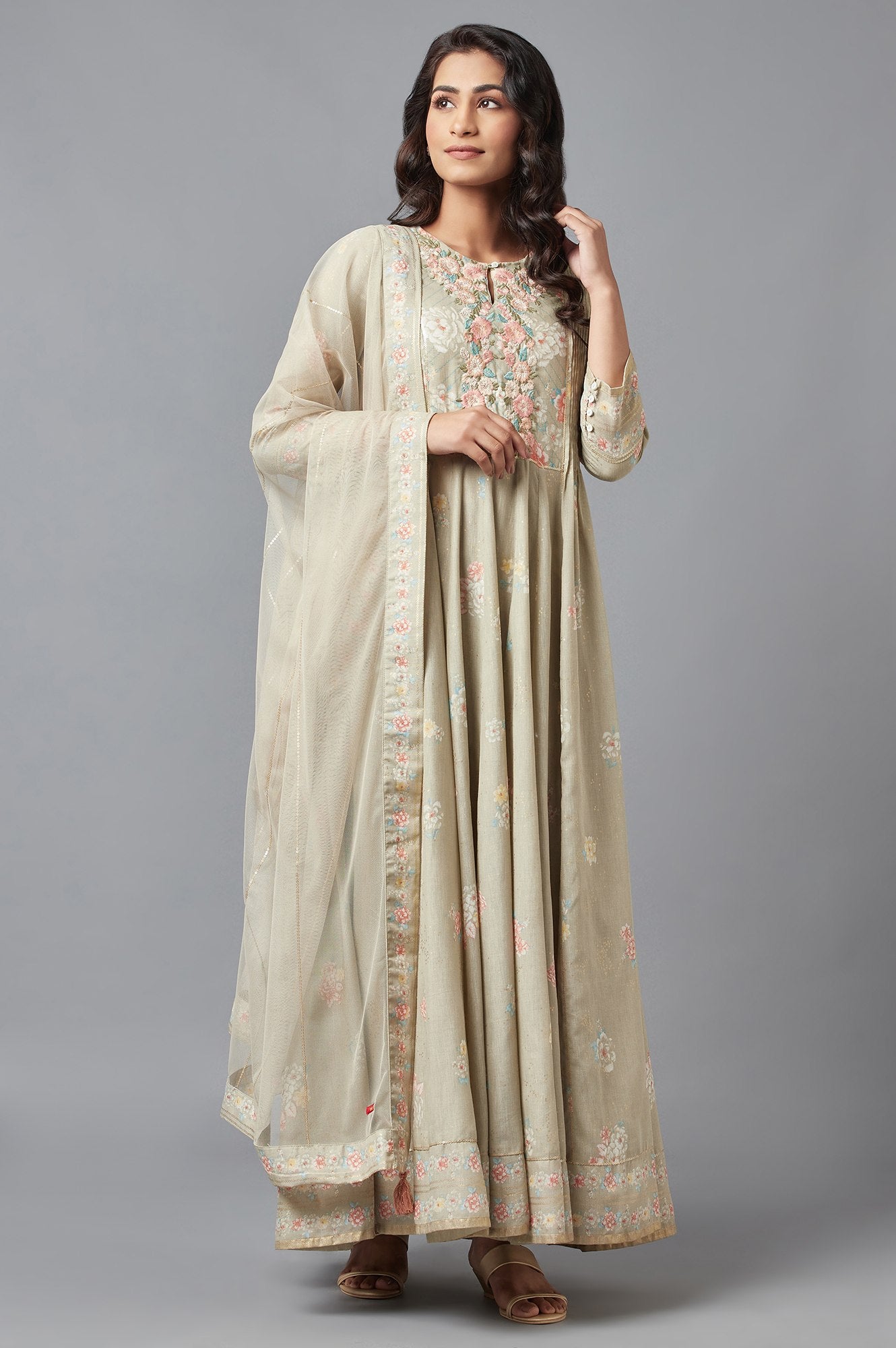 Beige Printed Dress-Dupatta Set