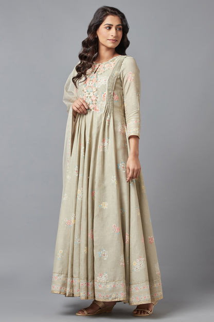 Beige Printed Dress-Dupatta Set