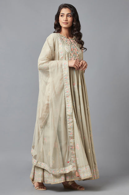 Beige Printed Dress-Dupatta Set