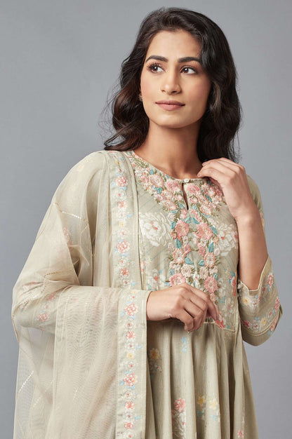 Beige Printed Dress-Dupatta Set