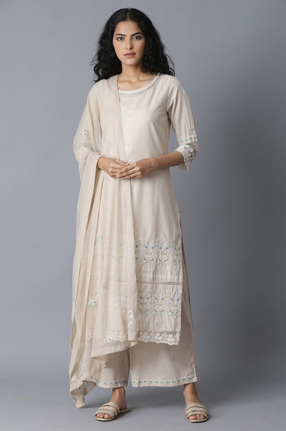 Beige Embroidered kurta-Parallel Pants-Drape Set - wforwoman