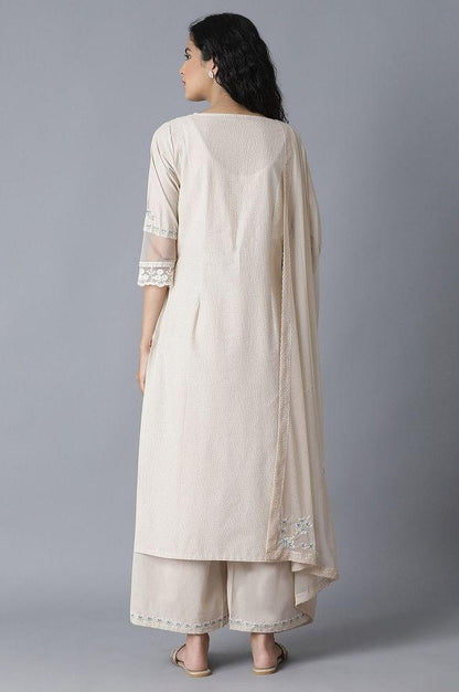 Beige Embroidered kurta-Parallel Pants-Drape Set - wforwoman