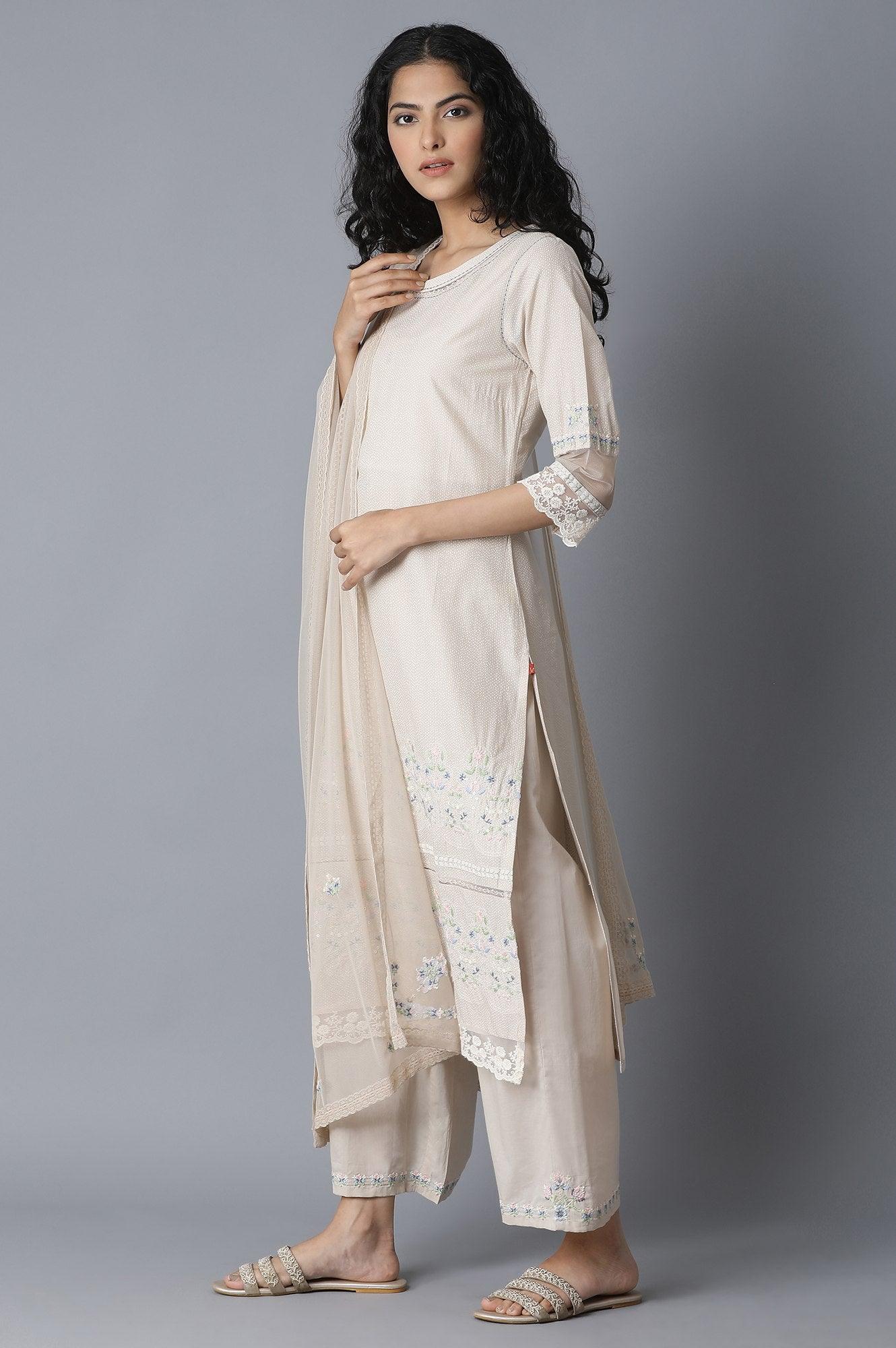 Beige Embroidered kurta-Parallel Pants-Drape Set - wforwoman