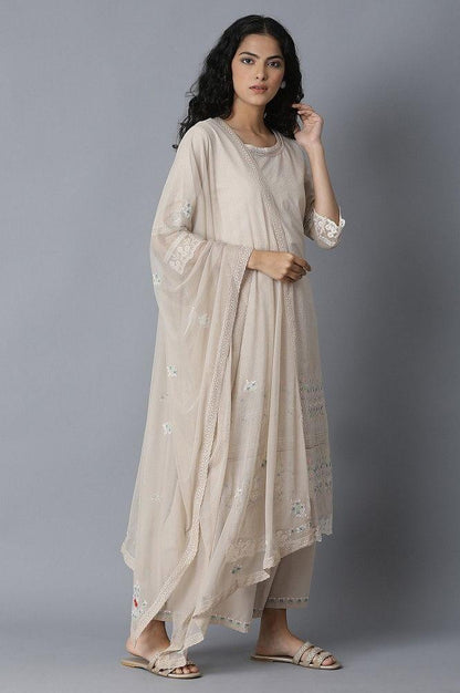 Beige Embroidered kurta-Parallel Pants-Drape Set - wforwoman