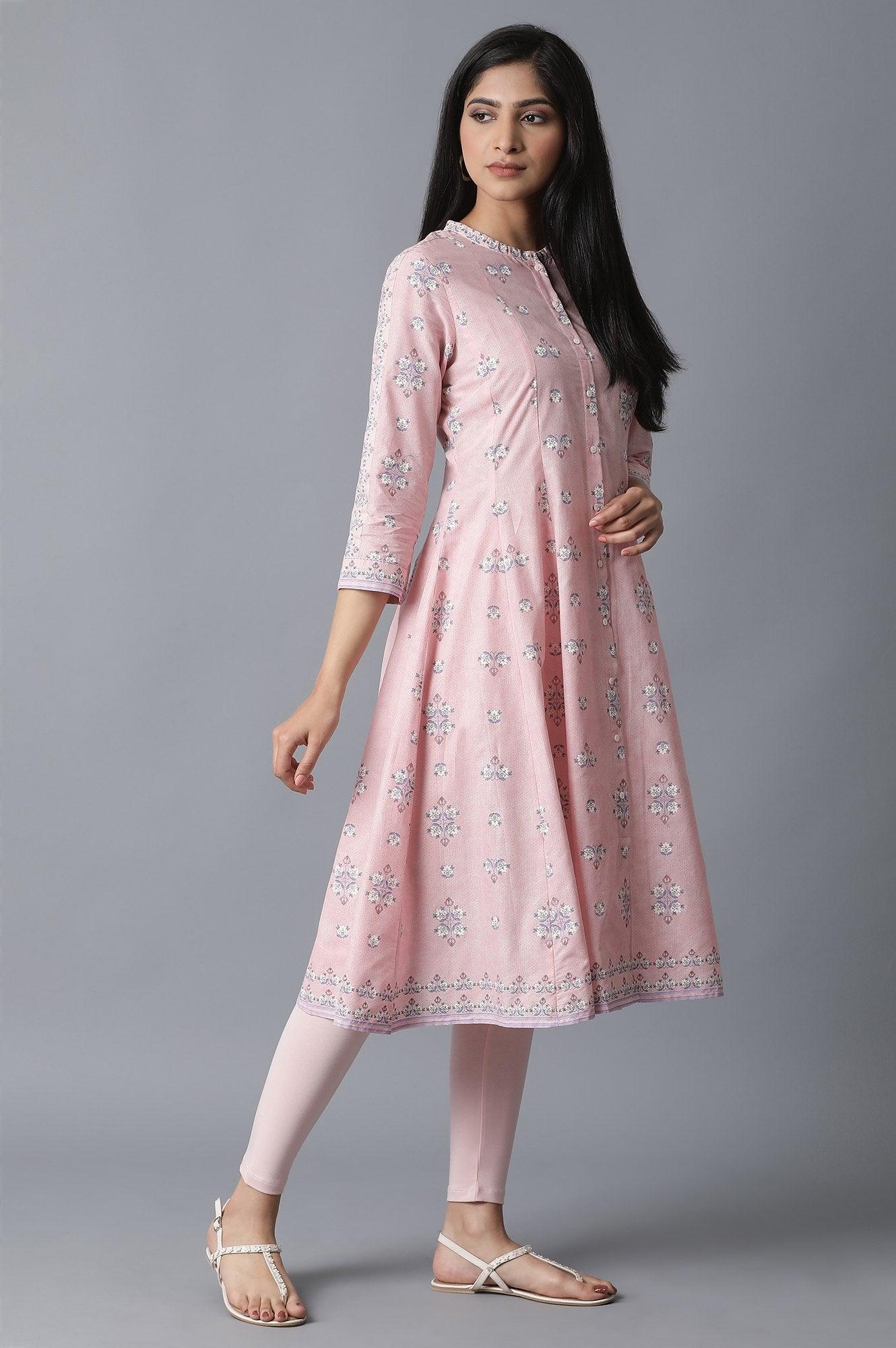 Soft Pink Printed kurta-Tights Set - wforwoman