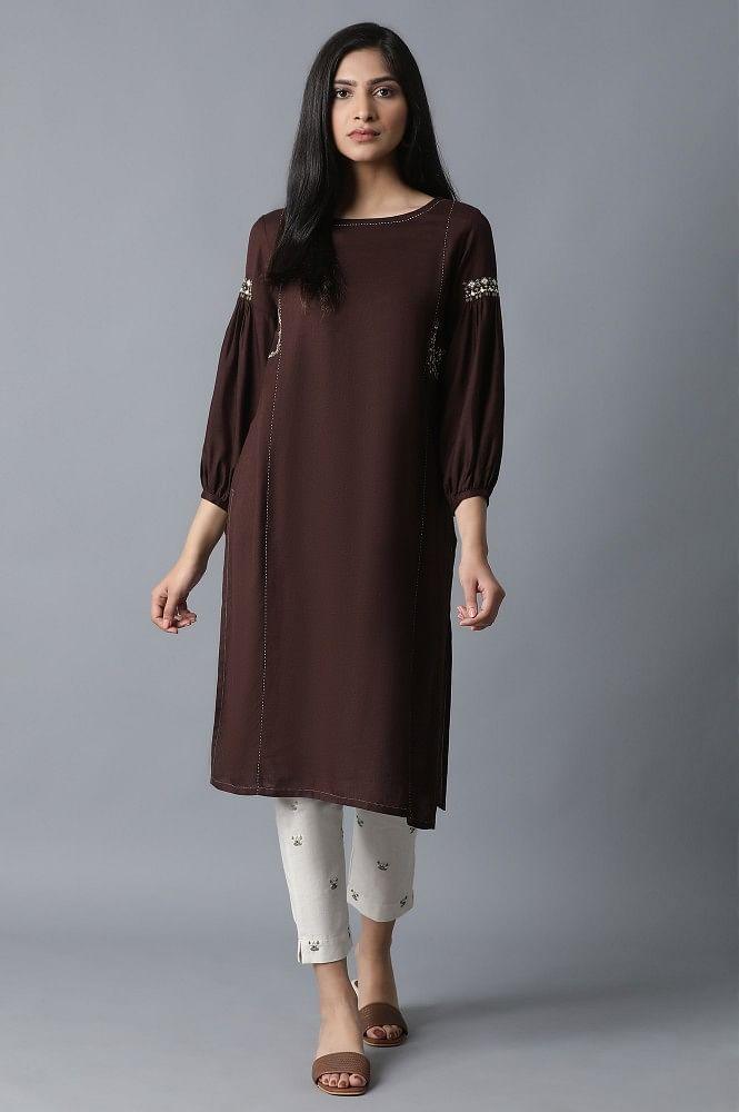 Chocolate Brown kurta- Beige Slim Pants Set - wforwoman