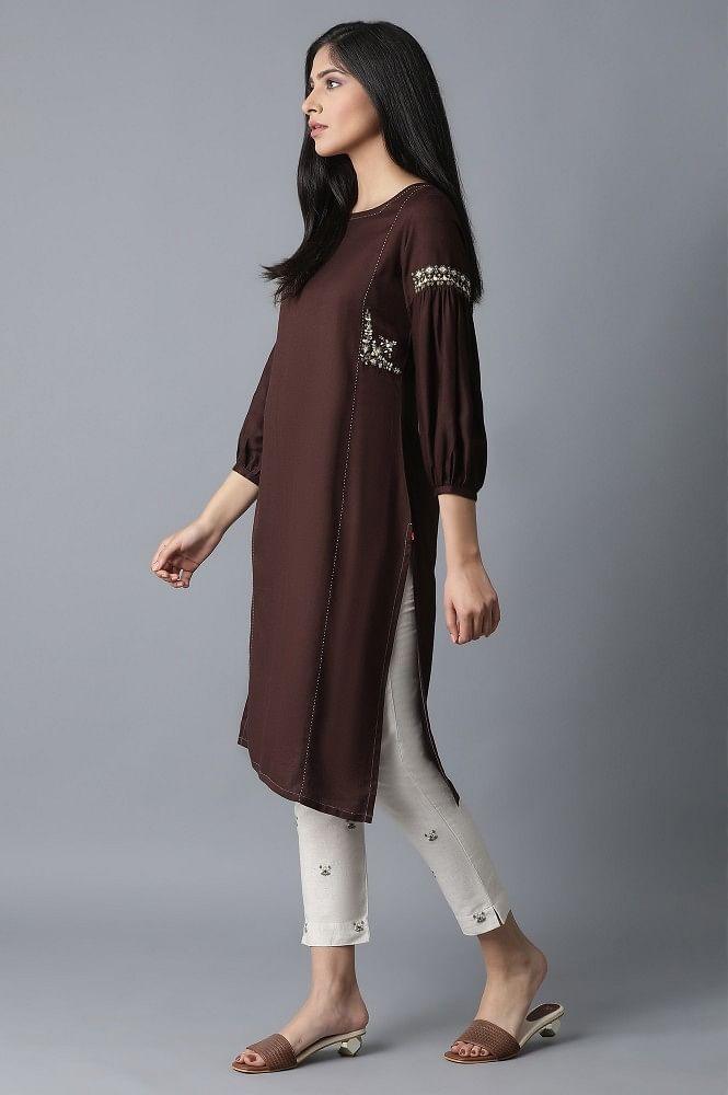 Chocolate Brown kurta- Beige Slim Pants Set - wforwoman