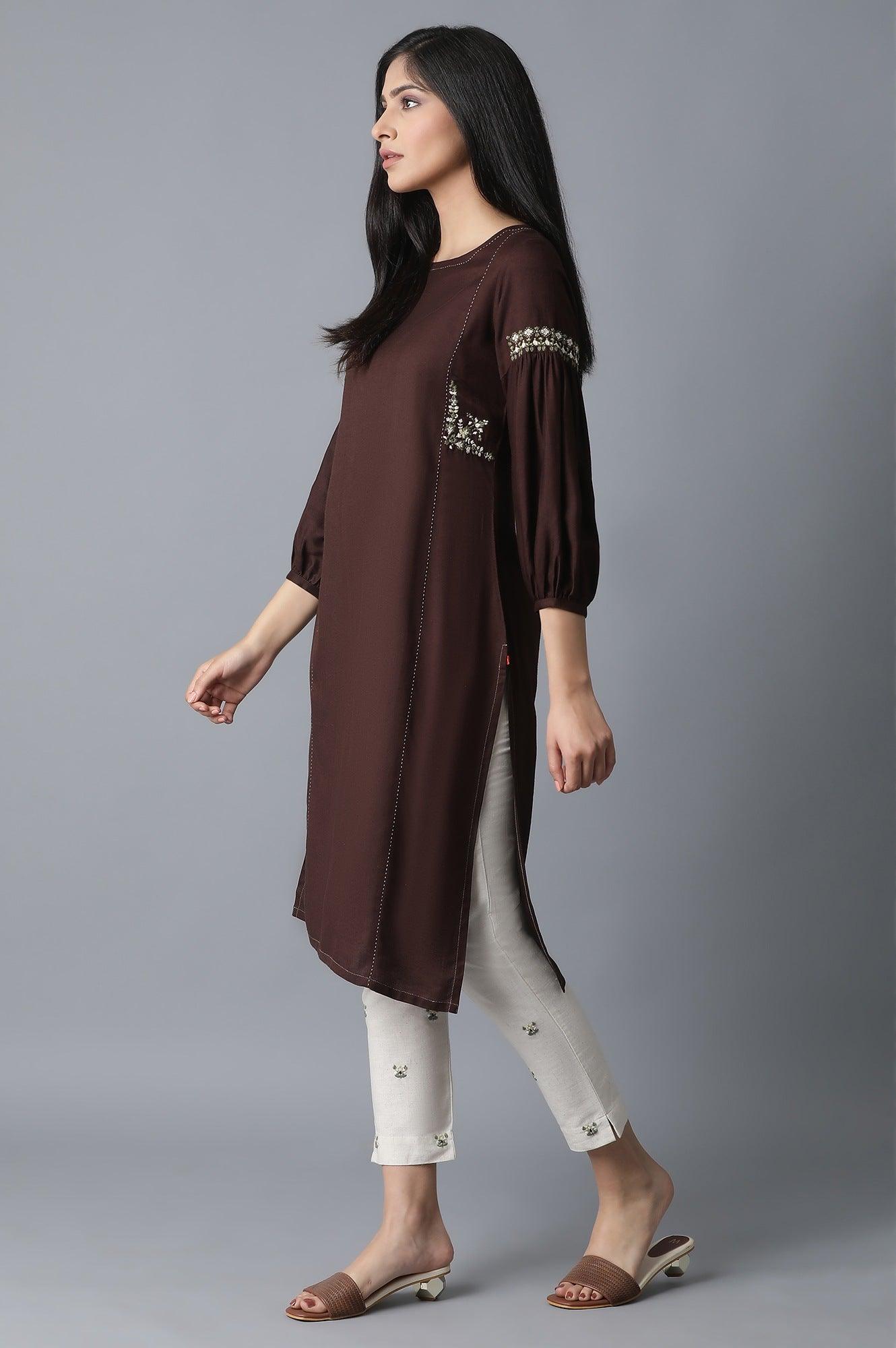 Chocolate Brown kurta- Beige Slim Pants Set - wforwoman