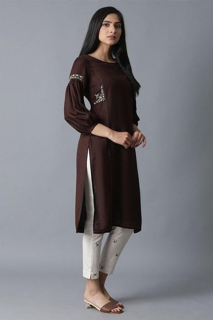 Chocolate Brown kurta- Beige Slim Pants Set - wforwoman