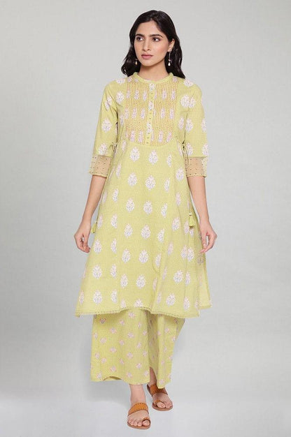 Celery Green Printed kurta-Parallel Pants Set - wforwoman