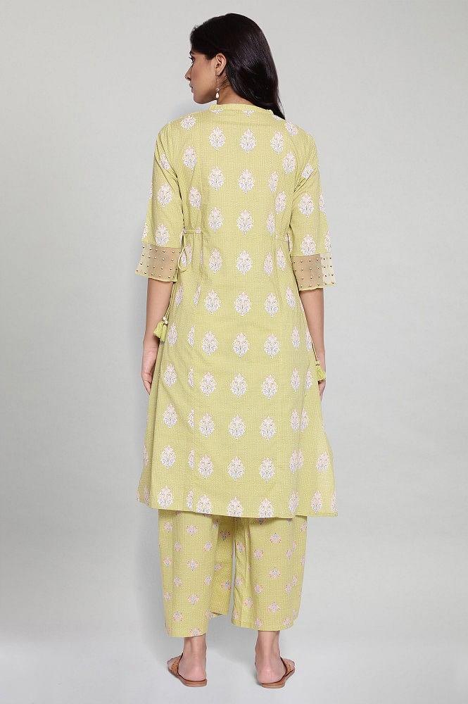 Celery Green Printed kurta-Parallel Pants Set - wforwoman