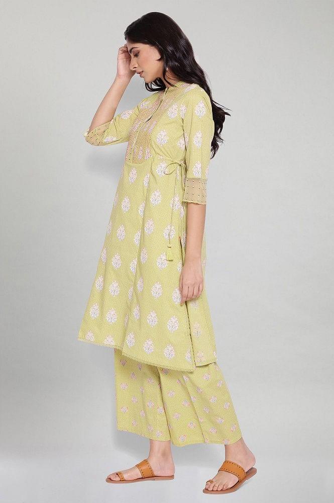 Celery Green Printed kurta-Parallel Pants Set - wforwoman