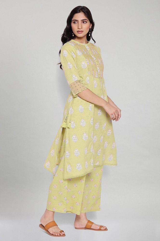 Celery Green Printed kurta-Parallel Pants Set - wforwoman