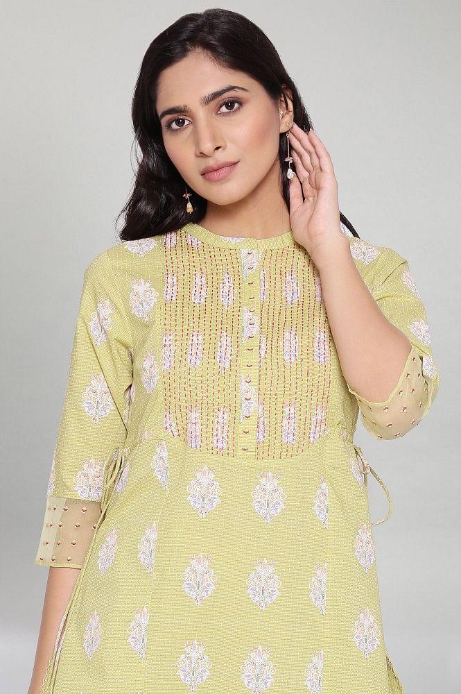 Celery Green Printed kurta-Parallel Pants Set - wforwoman