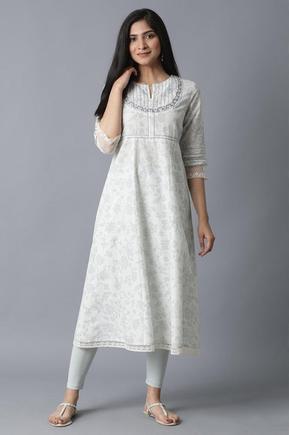 Ecru Floral Printed kurta- Light Blue Tights - wforwoman