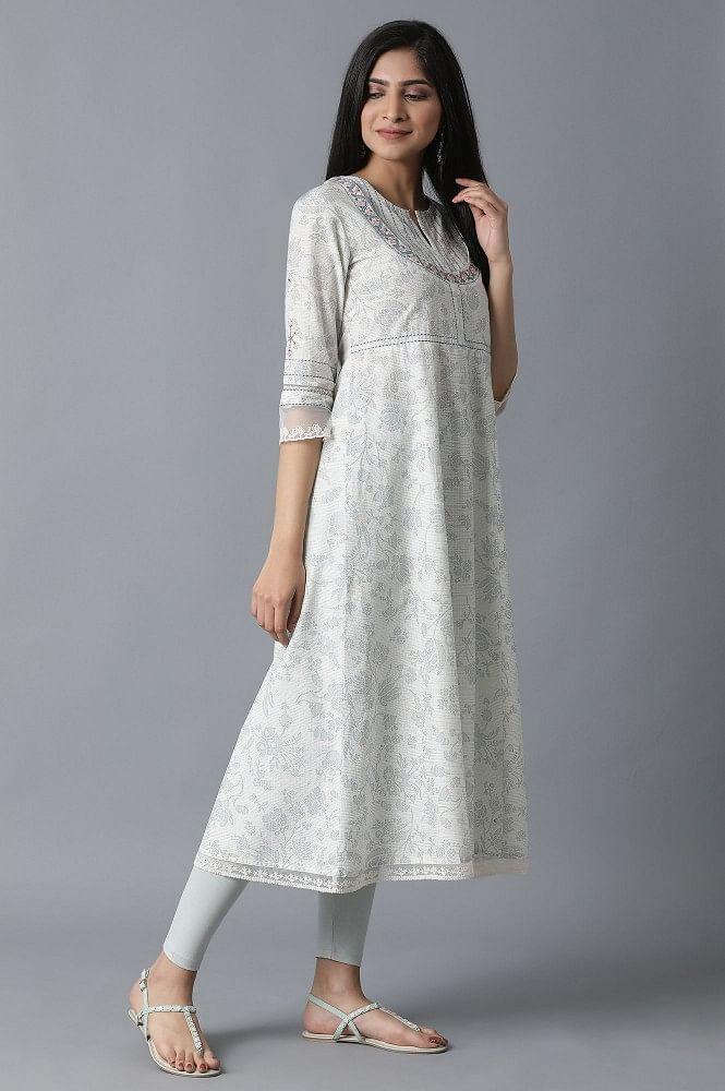 Ecru Floral Printed kurta- Light Blue Tights - wforwoman