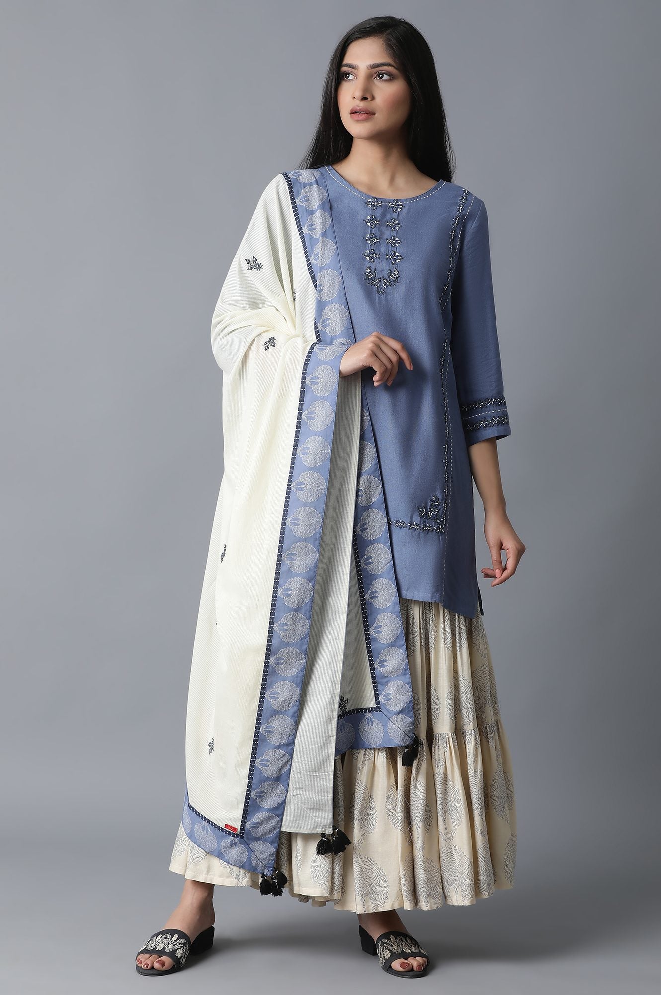 Blue kurta-Printed Sharara-Drape Set