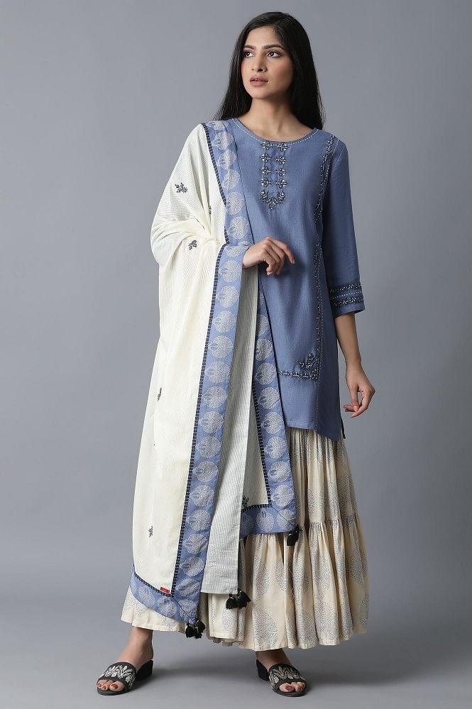 Blue kurta-Printed Sharara-Drape Set - wforwoman