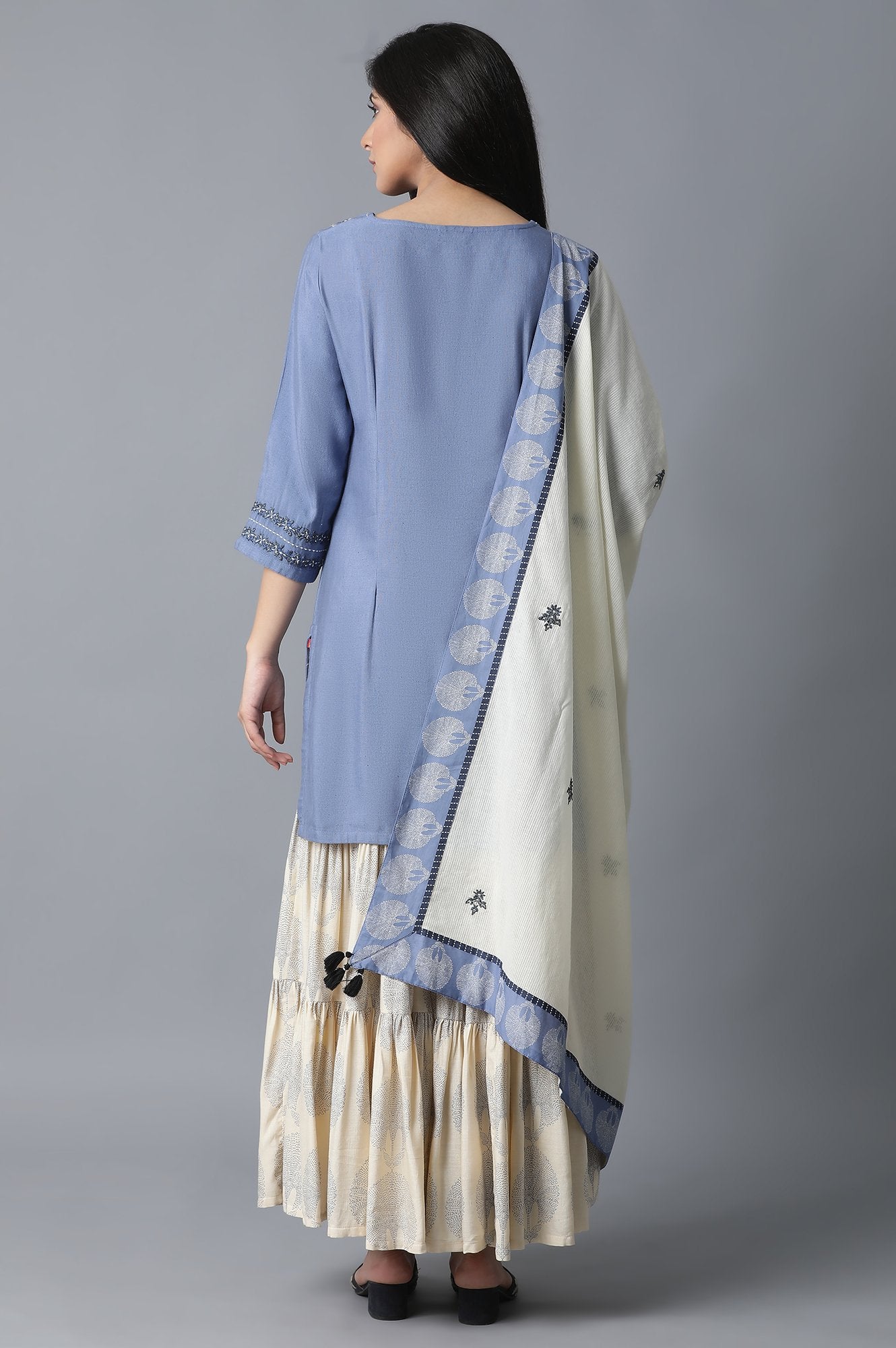 Blue kurta-Printed Sharara-Drape Set