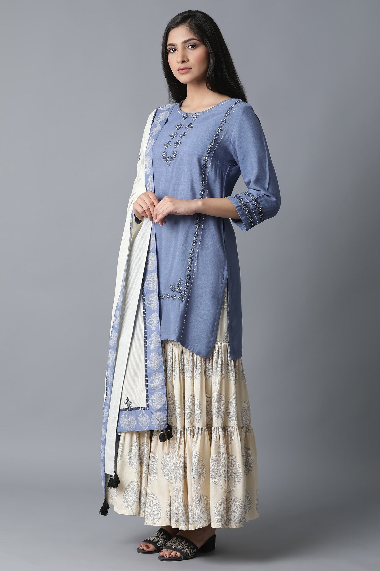 Blue kurta-Printed Sharara-Drape Set